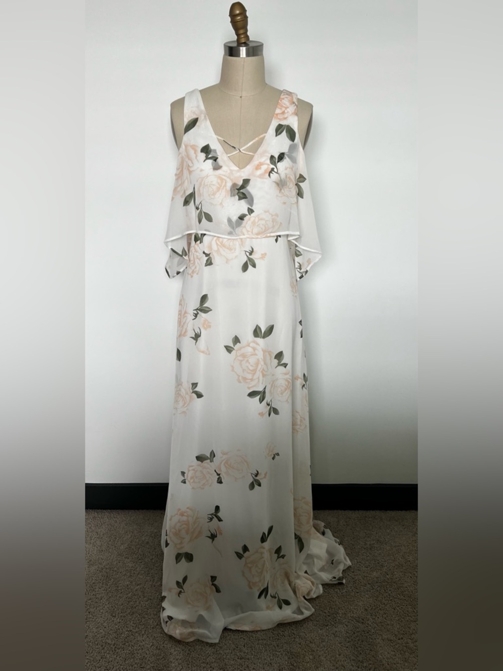 Lulus White Floral Maxi Dress with Peach Roses